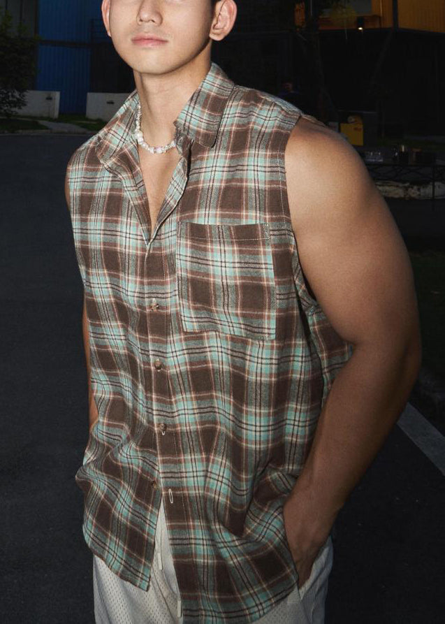 Pan Plaid Collar Sleeveless Vintage Green Cotton Tank Peter Men