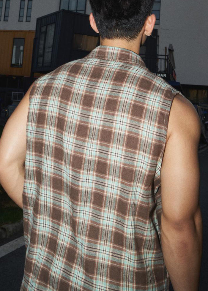 Pan Plaid Collar Sleeveless Vintage Green Cotton Tank Peter Men