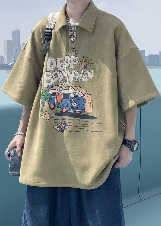 Button Shirts Polo Mens Green Cotton Summer Vintage Print