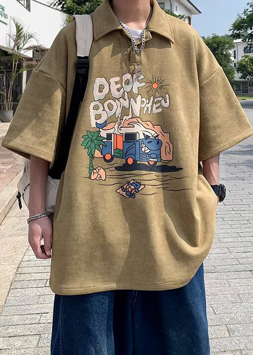 Button Shirts Polo Mens Green Cotton Summer Vintage Print