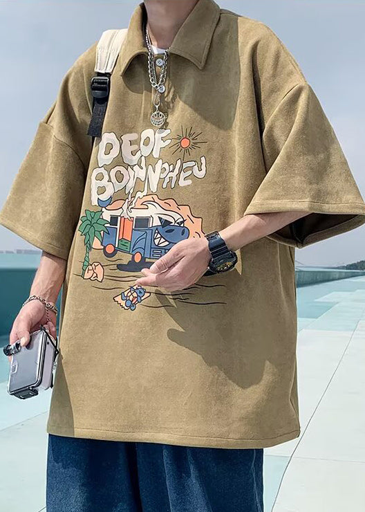 Button Shirts Polo Mens Green Cotton Summer Vintage Print