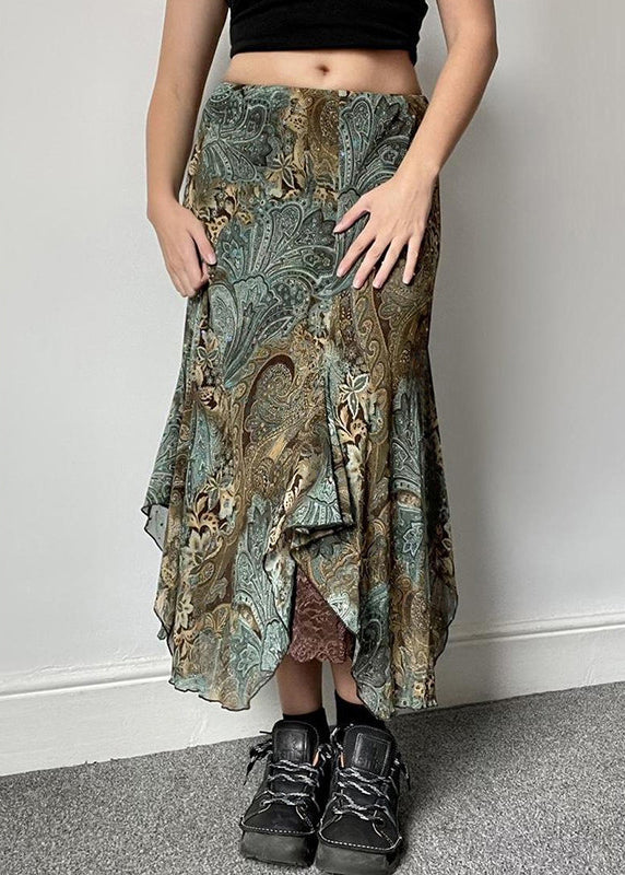 Lace Green Patchwork Print Skirts Vintage Summer