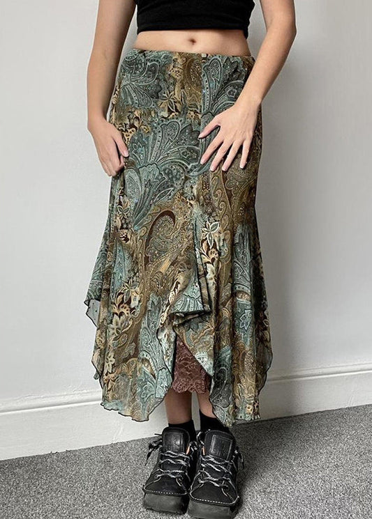 Lace Green Patchwork Print Skirts Vintage Summer