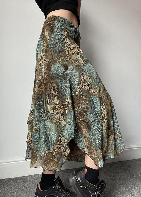 Lace Green Patchwork Print Skirts Vintage Summer