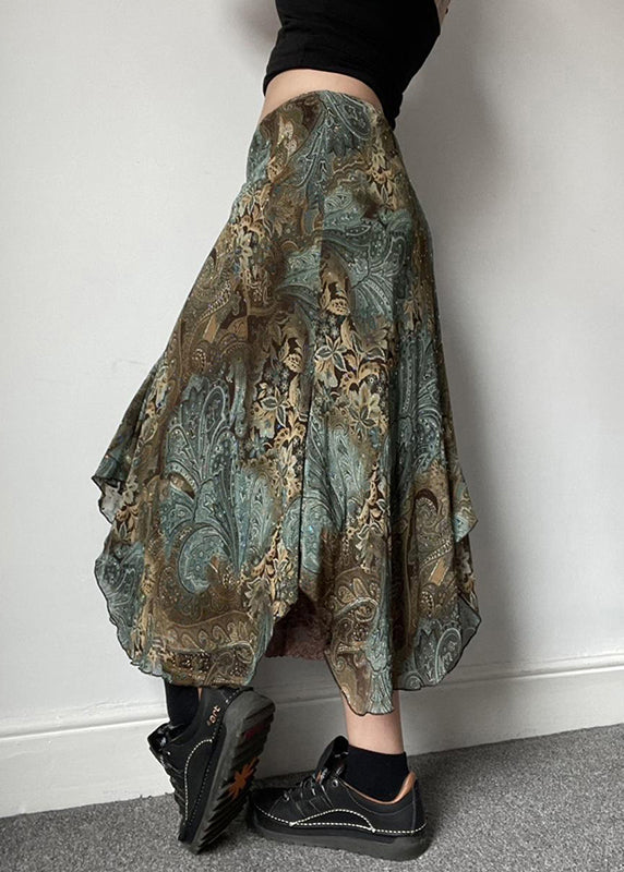 Lace Green Patchwork Print Skirts Vintage Summer