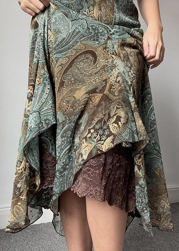 Lace Green Patchwork Print Skirts Vintage Summer