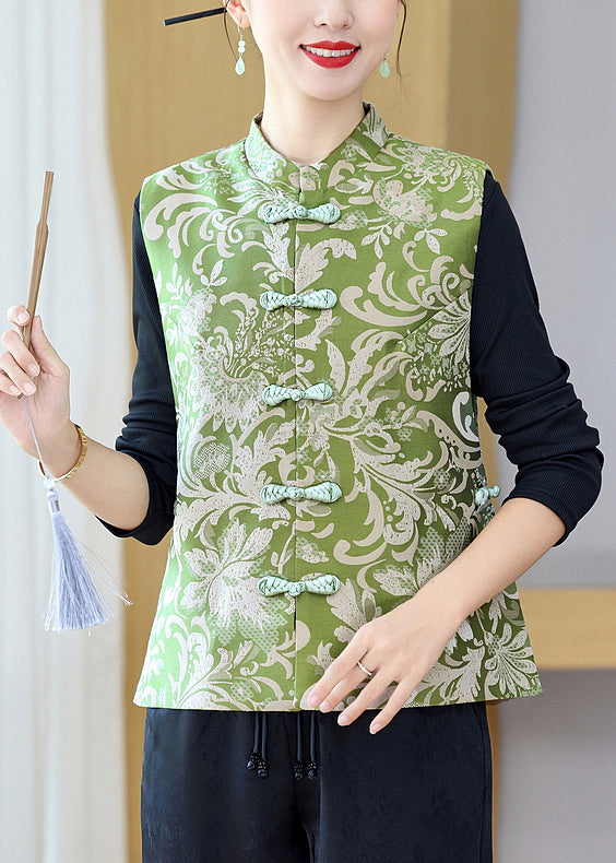 Vintage Green Stand Collar Print Button Silk Waistcoat Sleeveless QO013