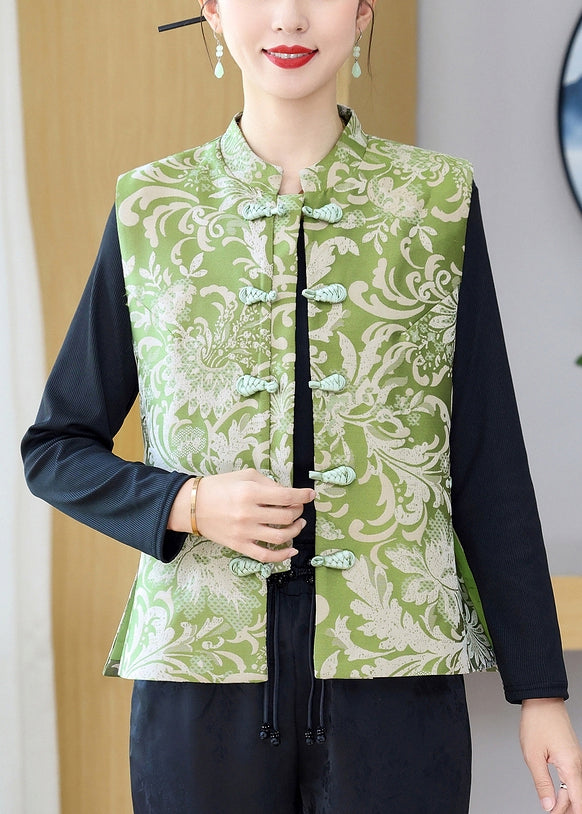 Vintage Green Stand Collar Print Button Silk Waistcoat Sleeveless QO013