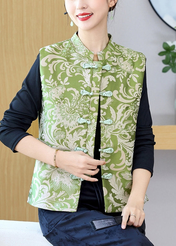 Vintage Green Stand Collar Print Button Silk Waistcoat Sleeveless QO013