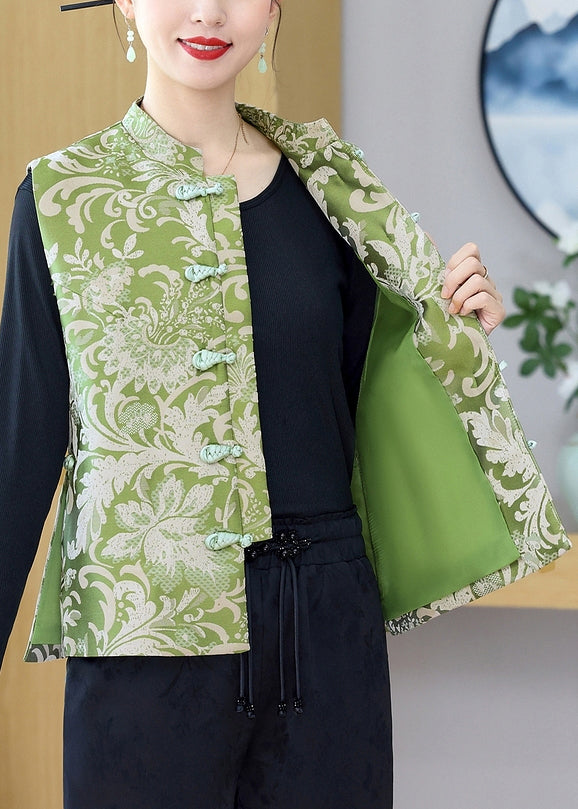 Vintage Green Stand Collar Print Button Silk Waistcoat Sleeveless QO013