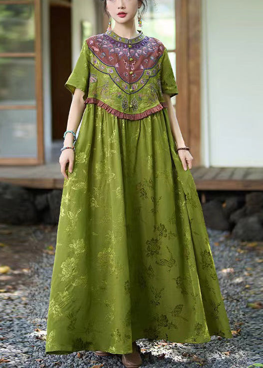 Vintage Green Stand Collar Ruffled Embroidered Silk Dresses Summer WW1018