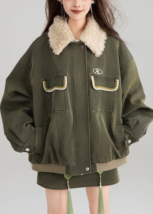 Vintage Green Zippered Pockets Patchwork Parka Spring YW003