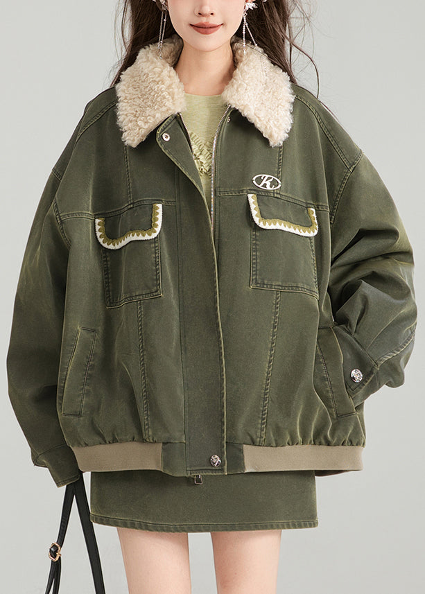 Vintage Green Zippered Pockets Patchwork Parka Spring YW003