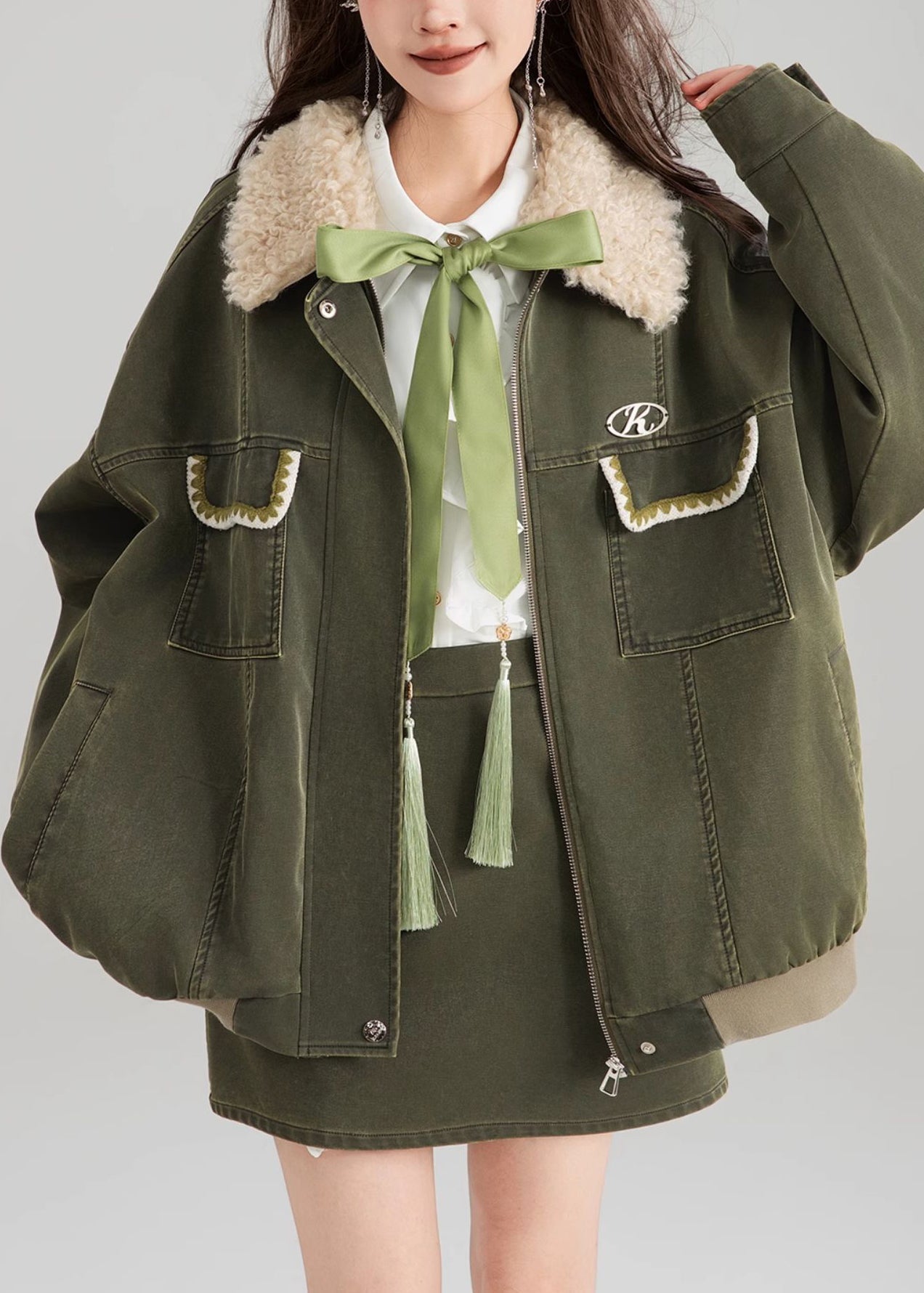 Vintage Green Zippered Pockets Patchwork Parka Spring YW003