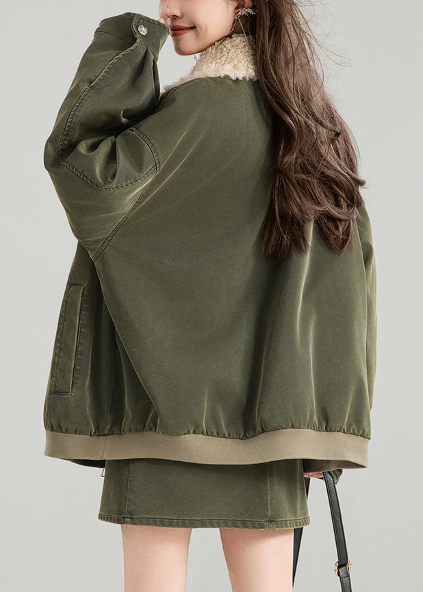 Vintage Green Zippered Pockets Patchwork Parka Spring YW003