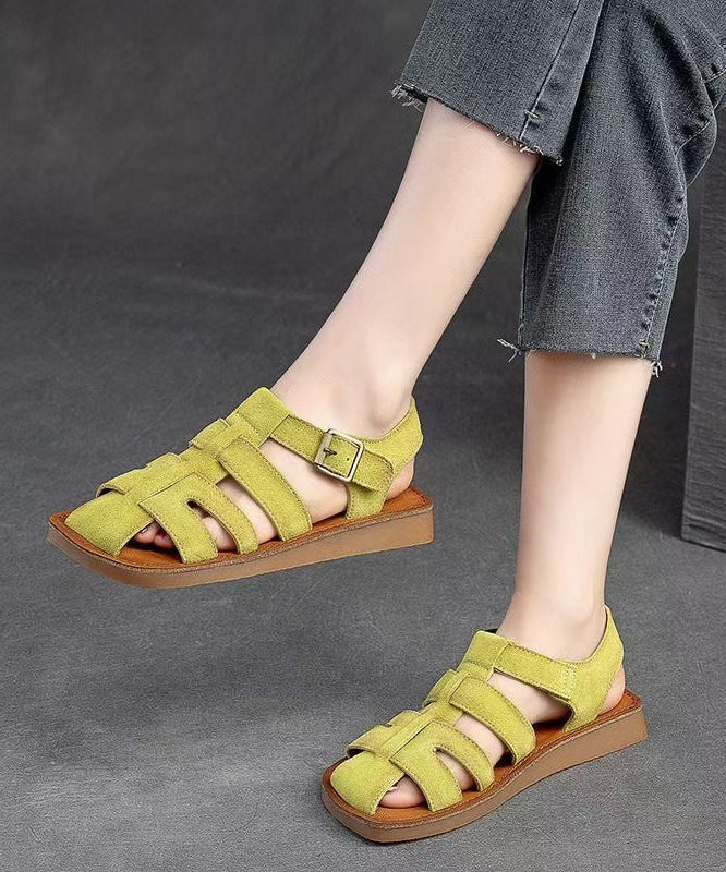 Hollow Cowhide Leather Flat Vintage Out Green Handmade Roman