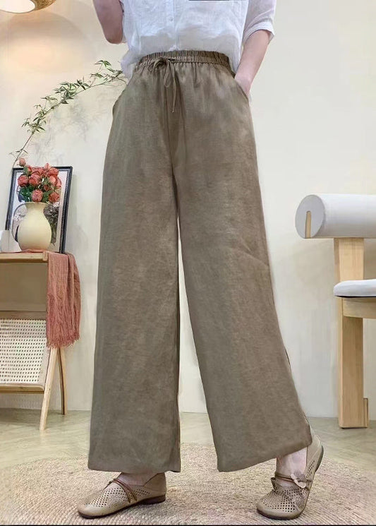 Linen Khaki Vintage Summer Waist Straight Elastic Pants