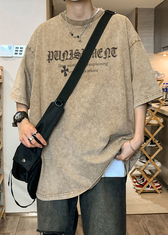 Vintage Khaki O Neck Print Cotton Graphic Tees Men Short Sleeve YL002