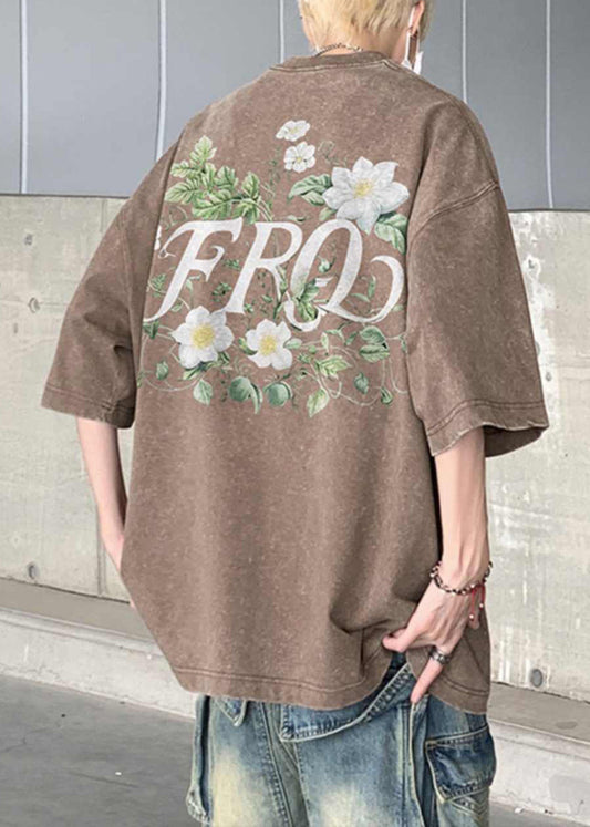 Print T Half Men Shirts Vintage Cotton Sleeve Khaki Cozy