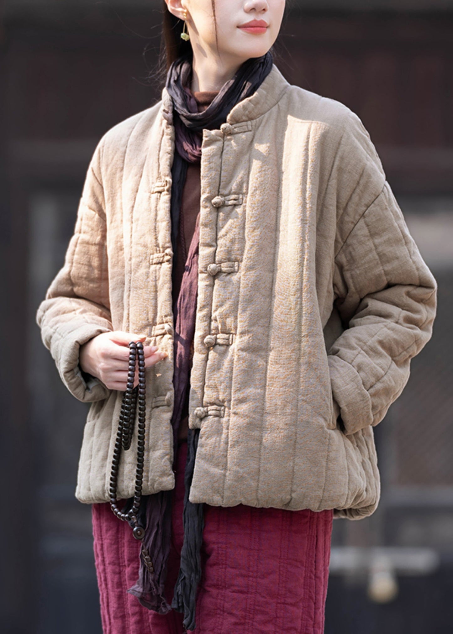 Vintage Khaki Stand Collar Button Pockets Cotton Filled Parkas Winter QO061