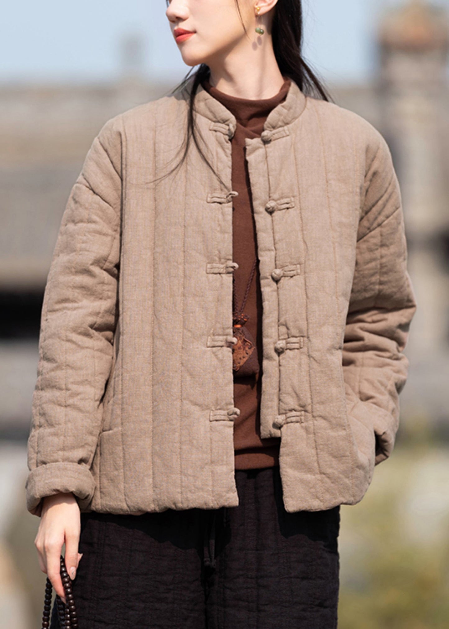 Vintage Khaki Stand Collar Button Pockets Cotton Filled Parkas Winter QO061