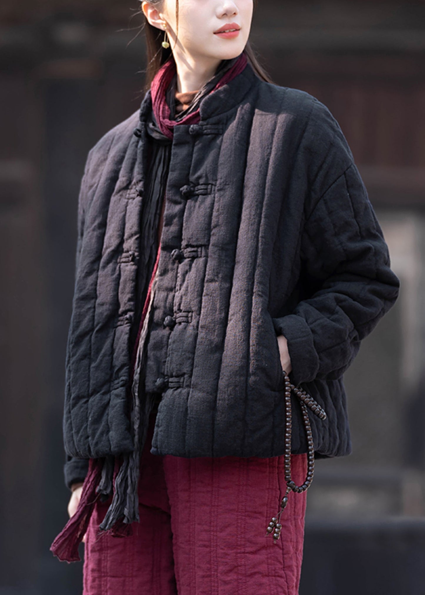 Vintage Khaki Stand Collar Button Pockets Cotton Filled Parkas Winter QO061