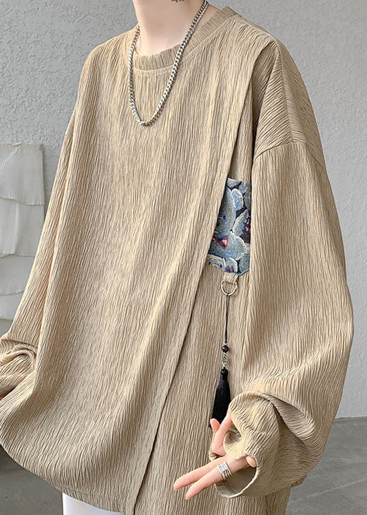 Vintage Khaki Tasseled Patchwork Cotton T Shirts Men Apparel Fall EQ018