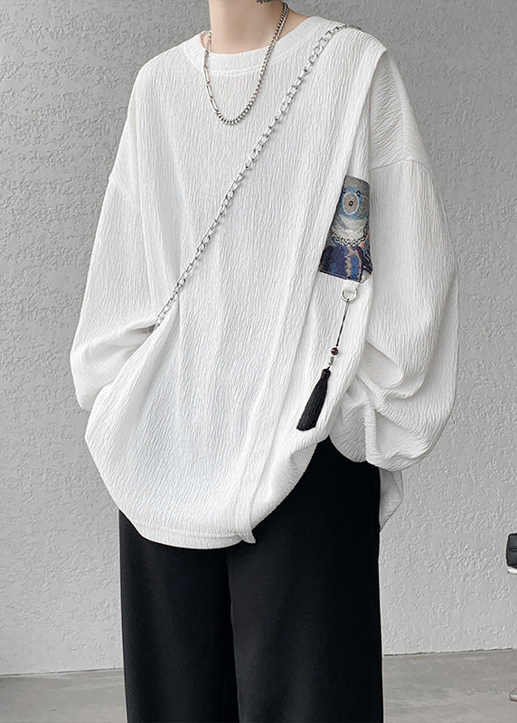 Vintage Khaki Tasseled Patchwork Cotton T Shirts Men Apparel Fall EQ018