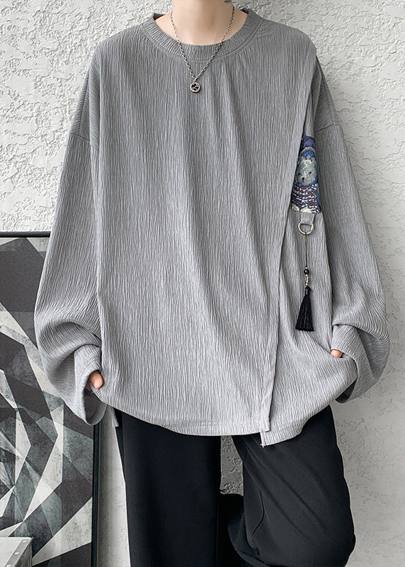 Vintage Khaki Tasseled Patchwork Cotton T Shirts Men Apparel Fall EQ018