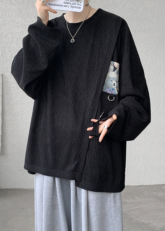 Vintage Khaki Tasseled Patchwork Cotton T Shirts Men Apparel Fall EQ018