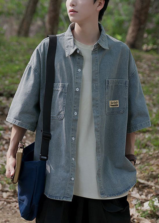 Button Vintage Denim Light Pockets Blue Pan Collar Shirts Peter