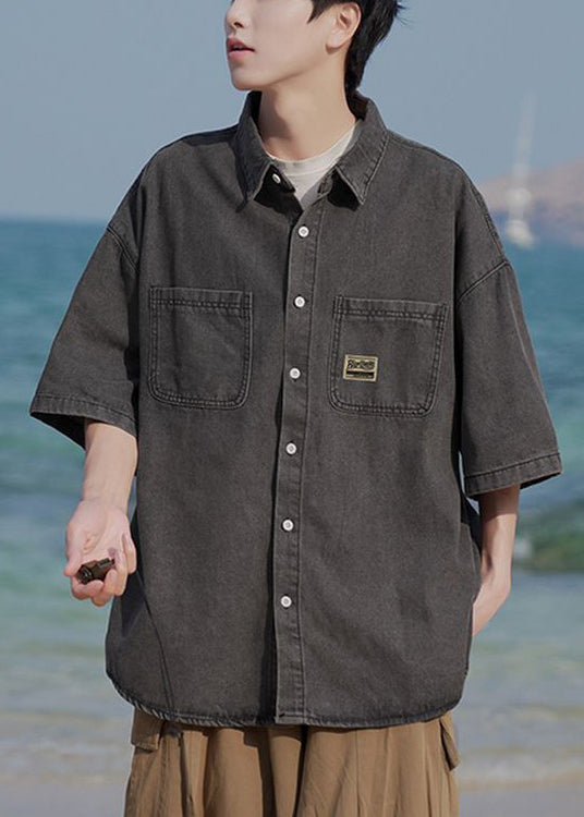 Button Vintage Denim Light Pockets Blue Pan Collar Shirts Peter