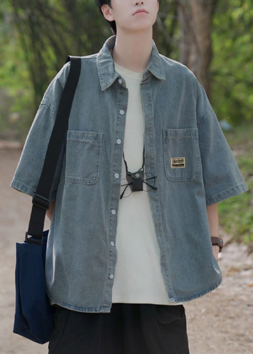 Button Vintage Denim Light Pockets Blue Pan Collar Shirts Peter