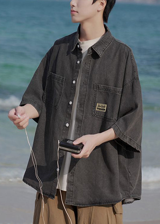 Button Vintage Denim Light Pockets Blue Pan Collar Shirts Peter