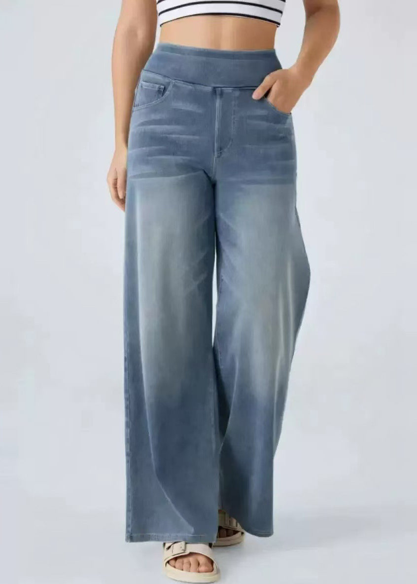 Leg Light Blue Wide Waist Denim Elastic Vintage Pockets Pants