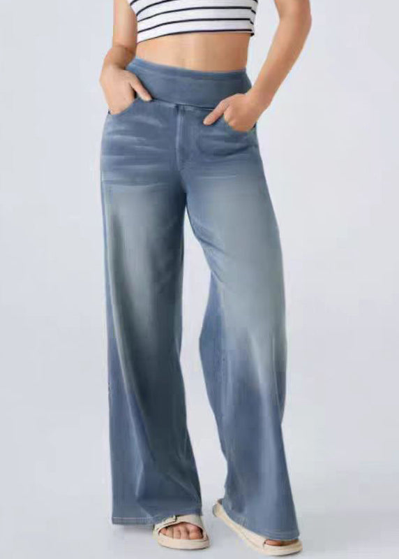 Leg Light Blue Wide Waist Denim Elastic Vintage Pockets Pants