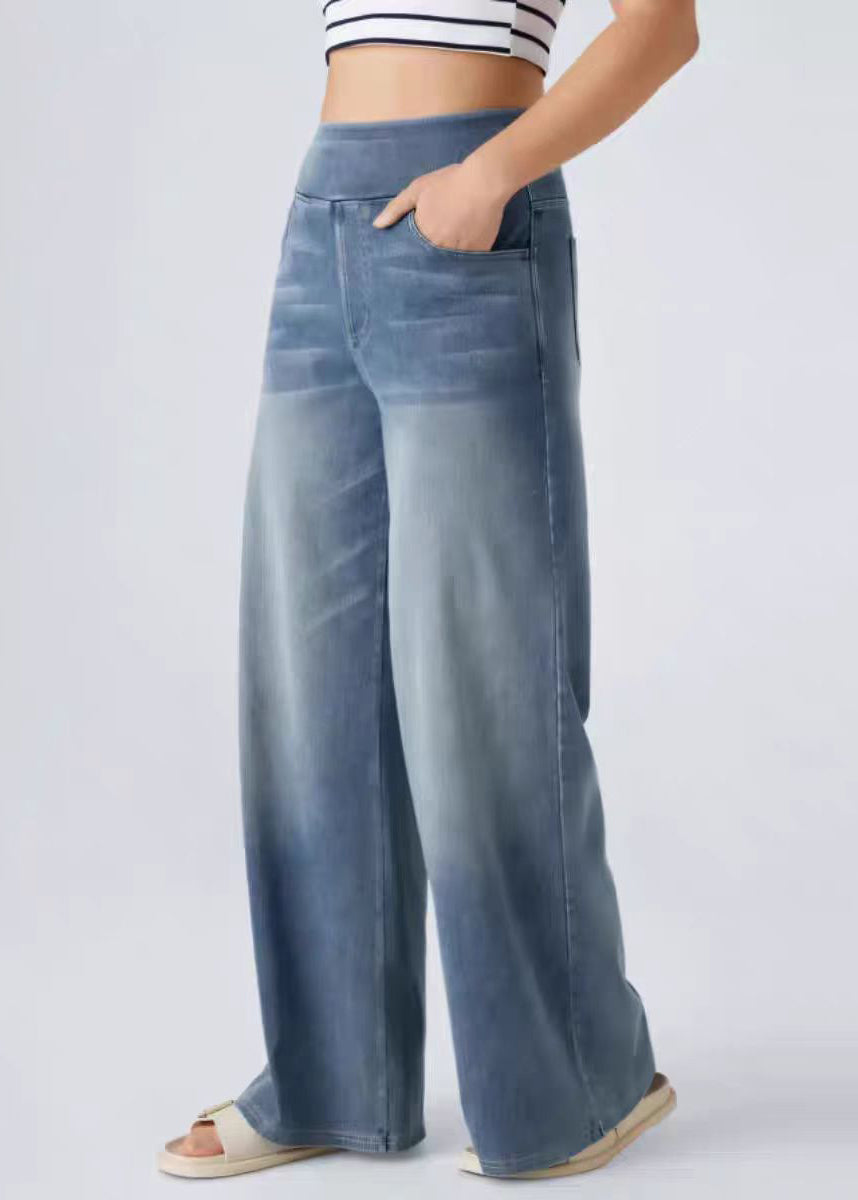 Leg Light Blue Wide Waist Denim Elastic Vintage Pockets Pants