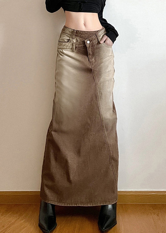 Vintage Light Brown Asymmetrical Side Open Denim Skirt Fall PP002