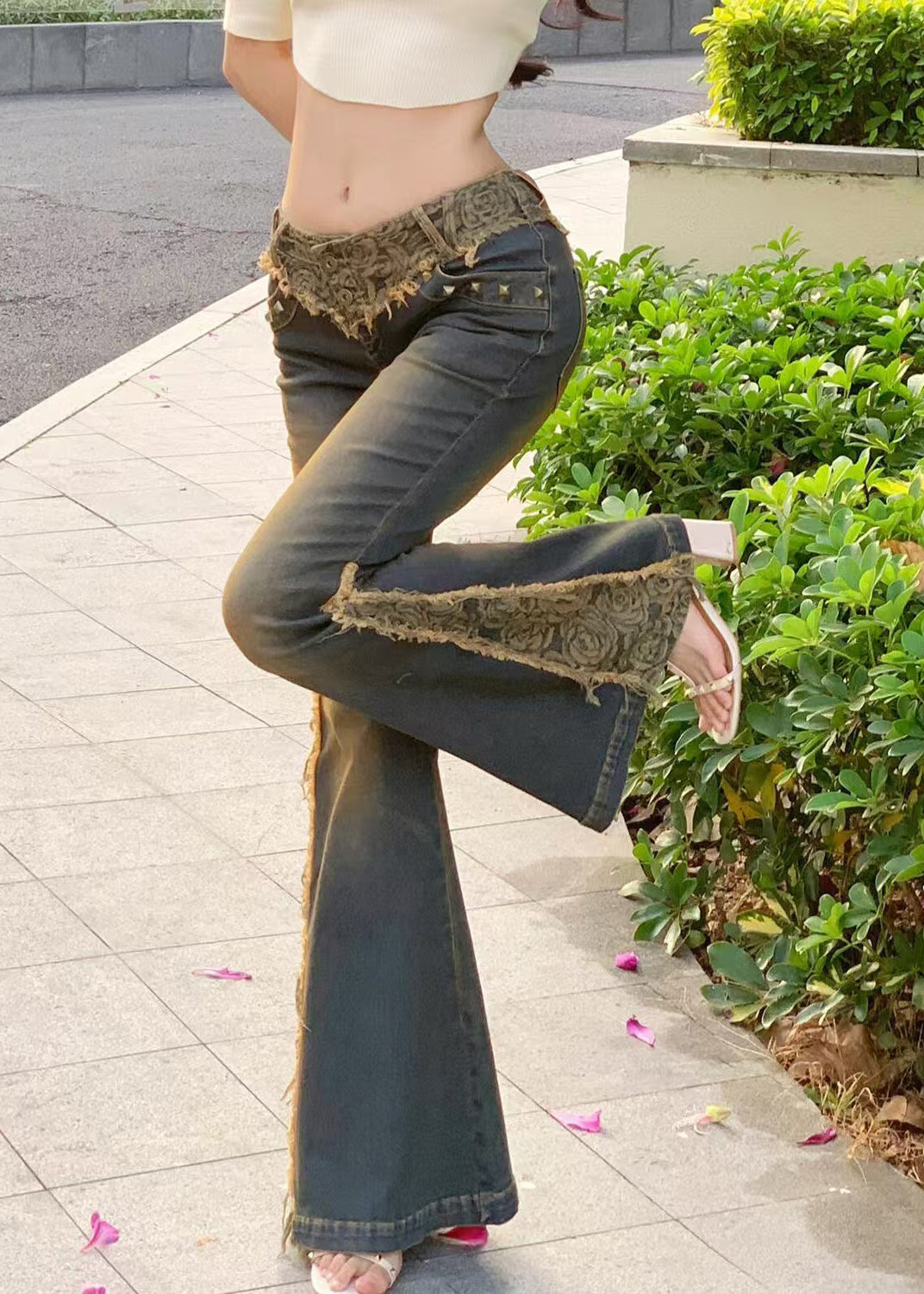 Vintage Low Waist Patchwork Lace Denim Flared Trousers Spring YF027