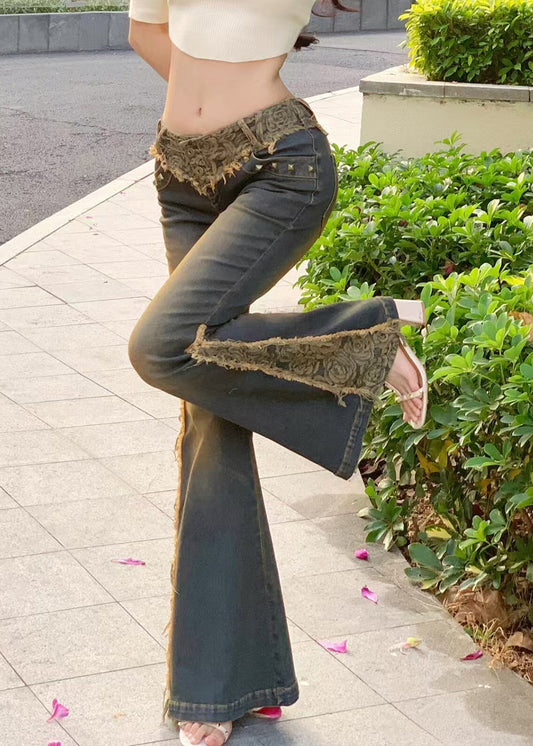 Vintage Low Waist Patchwork Lace Denim Flared Trousers Spring YF027