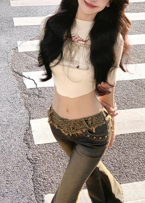 Vintage Low Waist Patchwork Lace Denim Flared Trousers Spring YF027