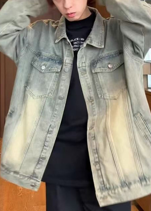 Pan Peter Collar Vintage Coats Mens Button Mud Denim Yellow