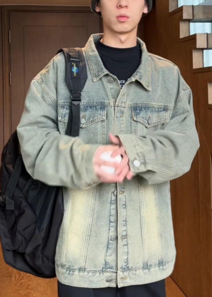 Pan Peter Collar Vintage Coats Mens Button Mud Denim Yellow