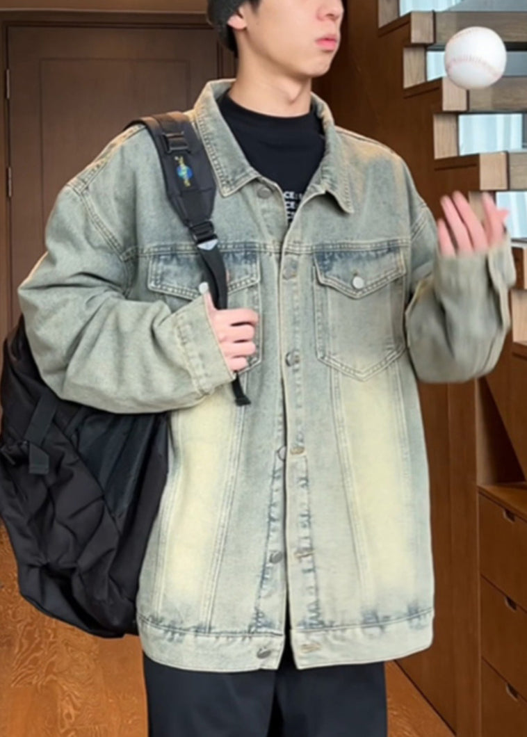 Pan Peter Collar Vintage Coats Mens Button Mud Denim Yellow