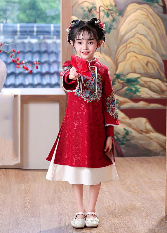 Dresses Girls Vintage Spring Maxi Collar Stand Mulberry Open Side