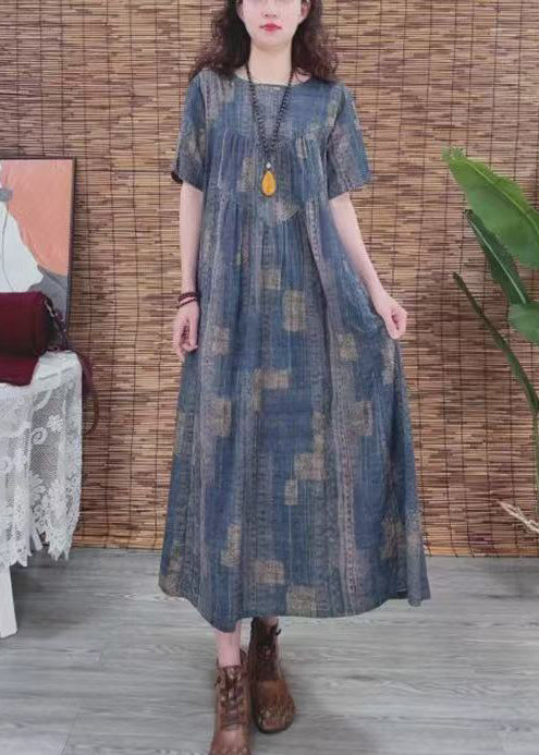 Navy Print Dress Vintage Oversized Cotton Summer