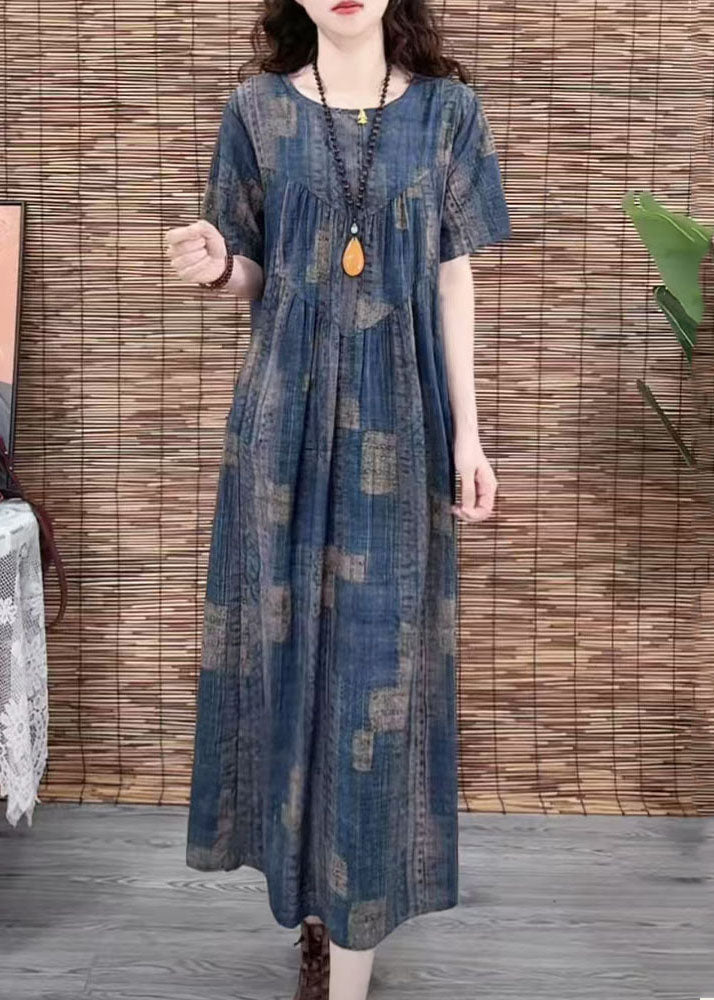 Navy Print Dress Vintage Oversized Cotton Summer