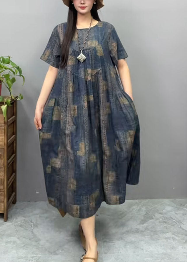 Navy Print Dress Vintage Oversized Cotton Summer