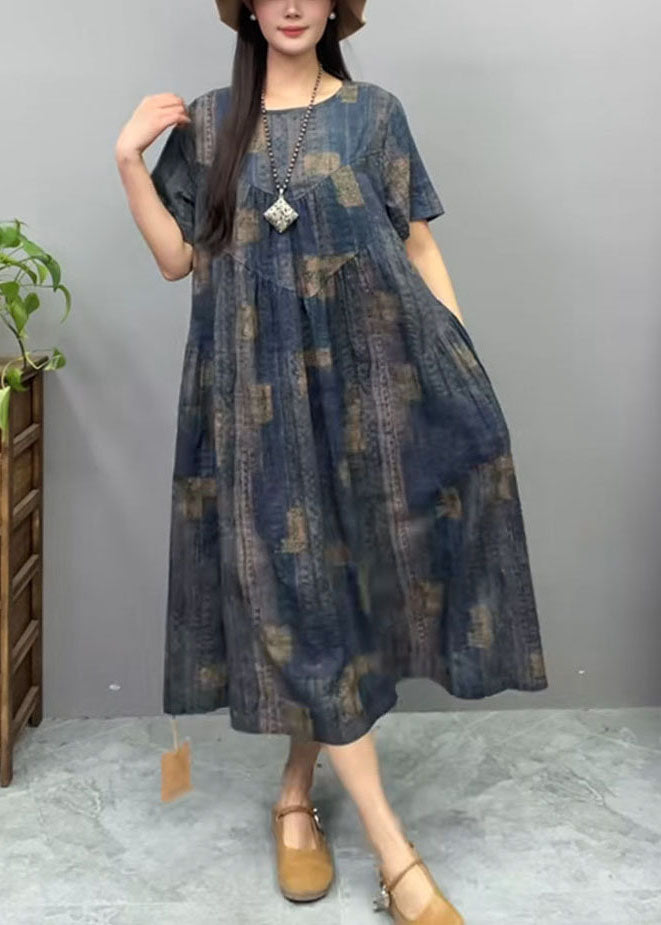 Vintage Oversized Dress Navy Cotton Summer Print