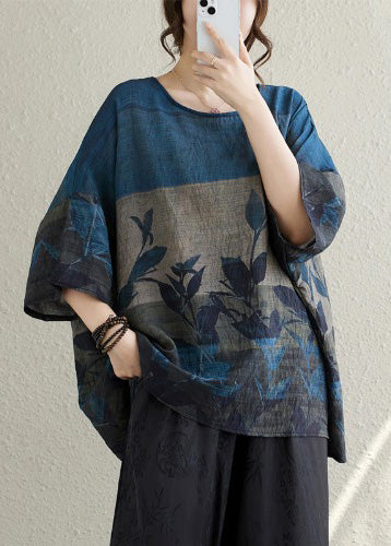 Summer Vintage Linen Tanks Navy Print Oversized